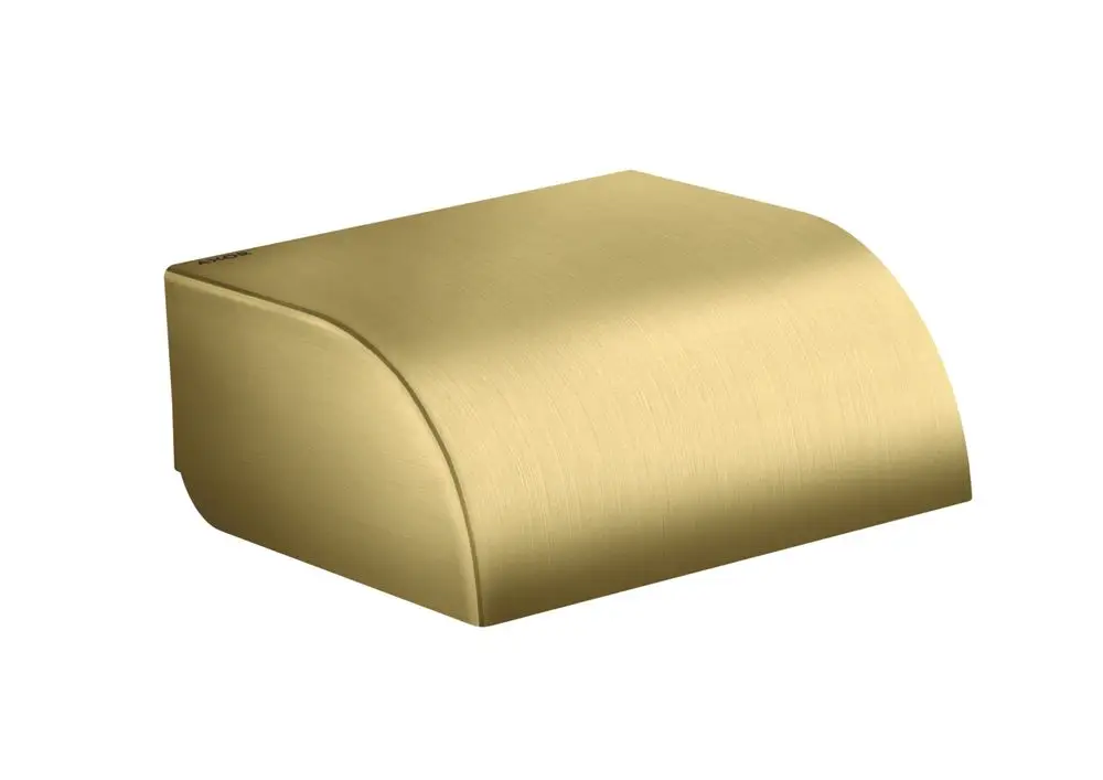 Runder Toilettenpapierhalter aus gebürstetem Messing, geschlossenes Design, mit der Marke AXOR, präsentiert auf neutralem Hintergrund.